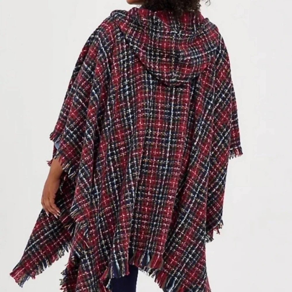 Torrid Hooded Ruana Plaid Poncho One Size - Picture 4 of 7